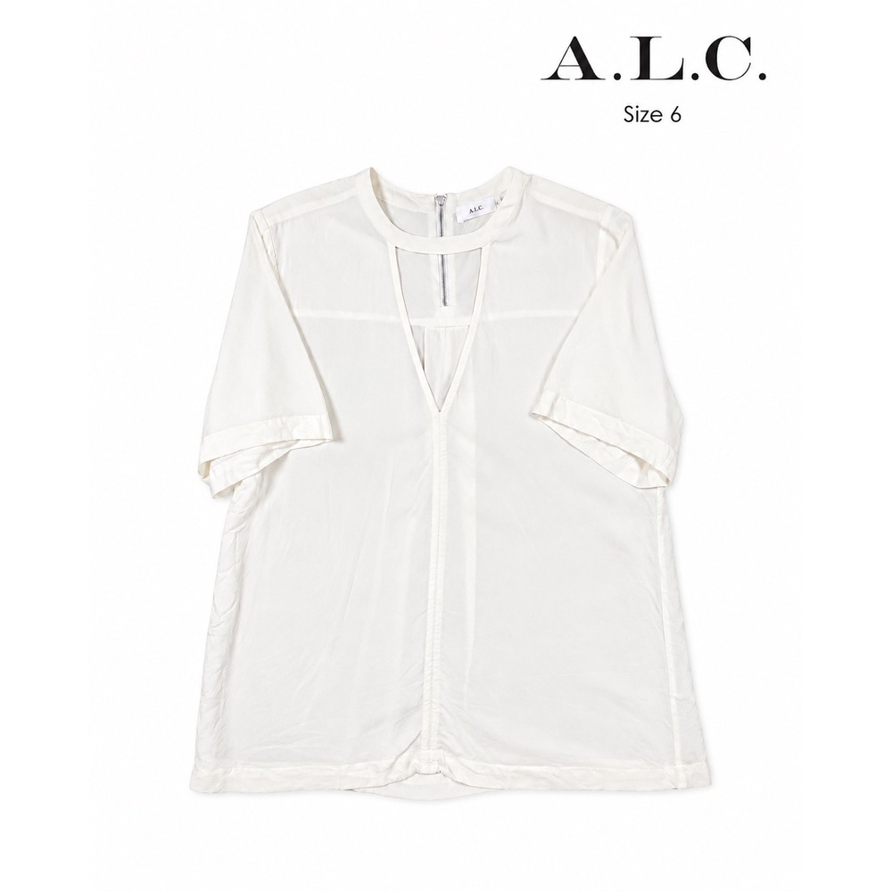A.L.C. Silk Keyhole Blouse Top Ivory White Short Sleeve Size 6 Minimalist